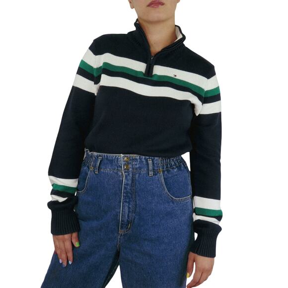 Tommy Hilfiger Women's Navy & Green Knit Striped Preppy Quarter Zip Sweater XL - Picture 6 of 7